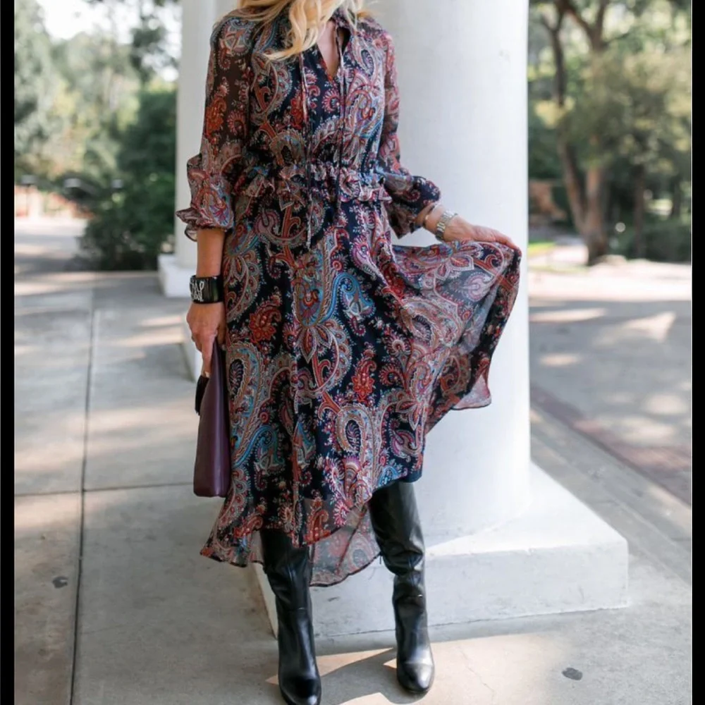 Banana Republic X Olivia Palermo Paisley 100% Silk Dark Boho Midi Dress Witchy - Picture 2 of 13